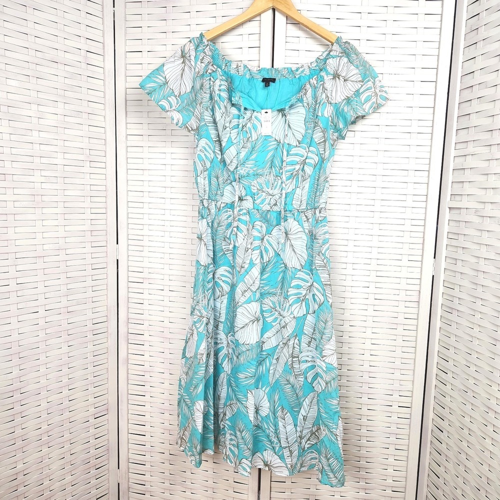 Talbots Womens Turquoise‎ Tropical Palm Leaf Cotton Midi Dress Size 6 NWT